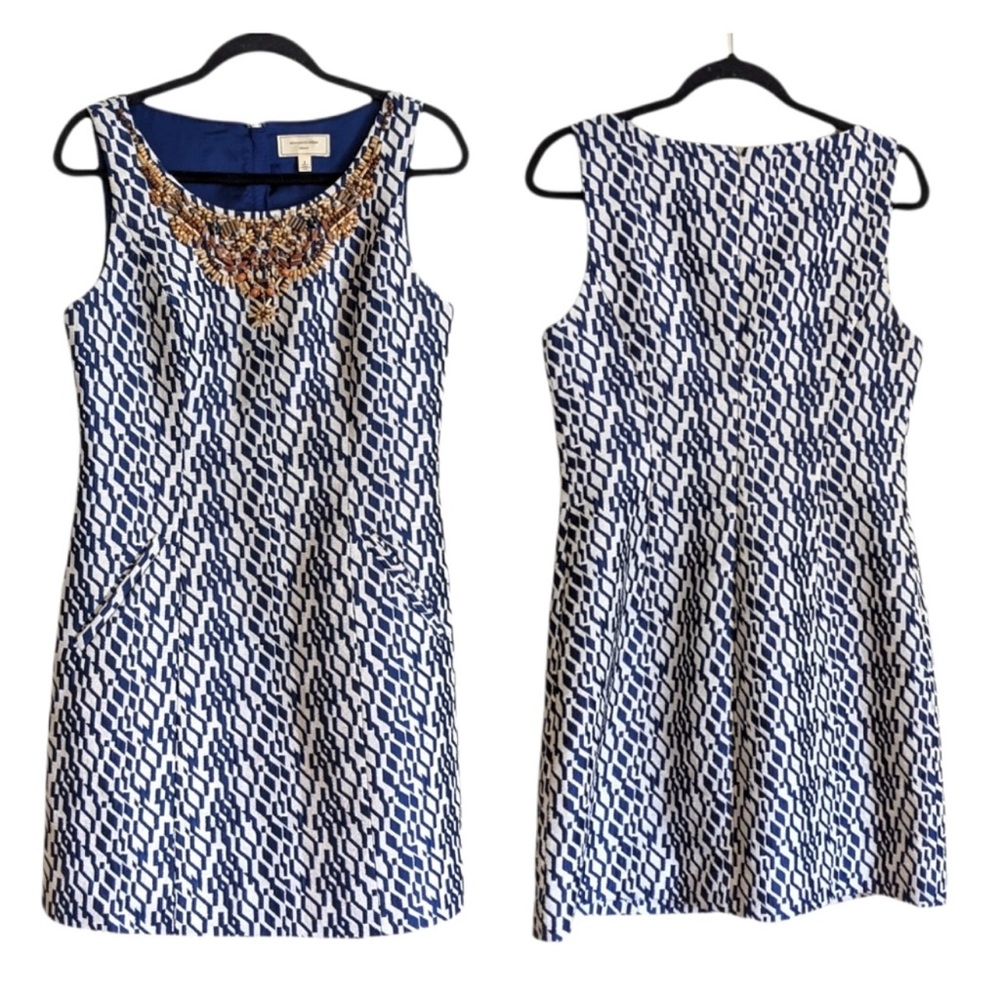 MOULINETTE SOUER blue and white beaded shift dress geometric ANTHROPOLOGIE Sz 4